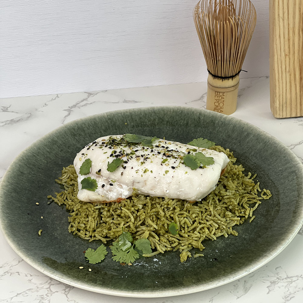 Matcha Rice with Grilled Fish  